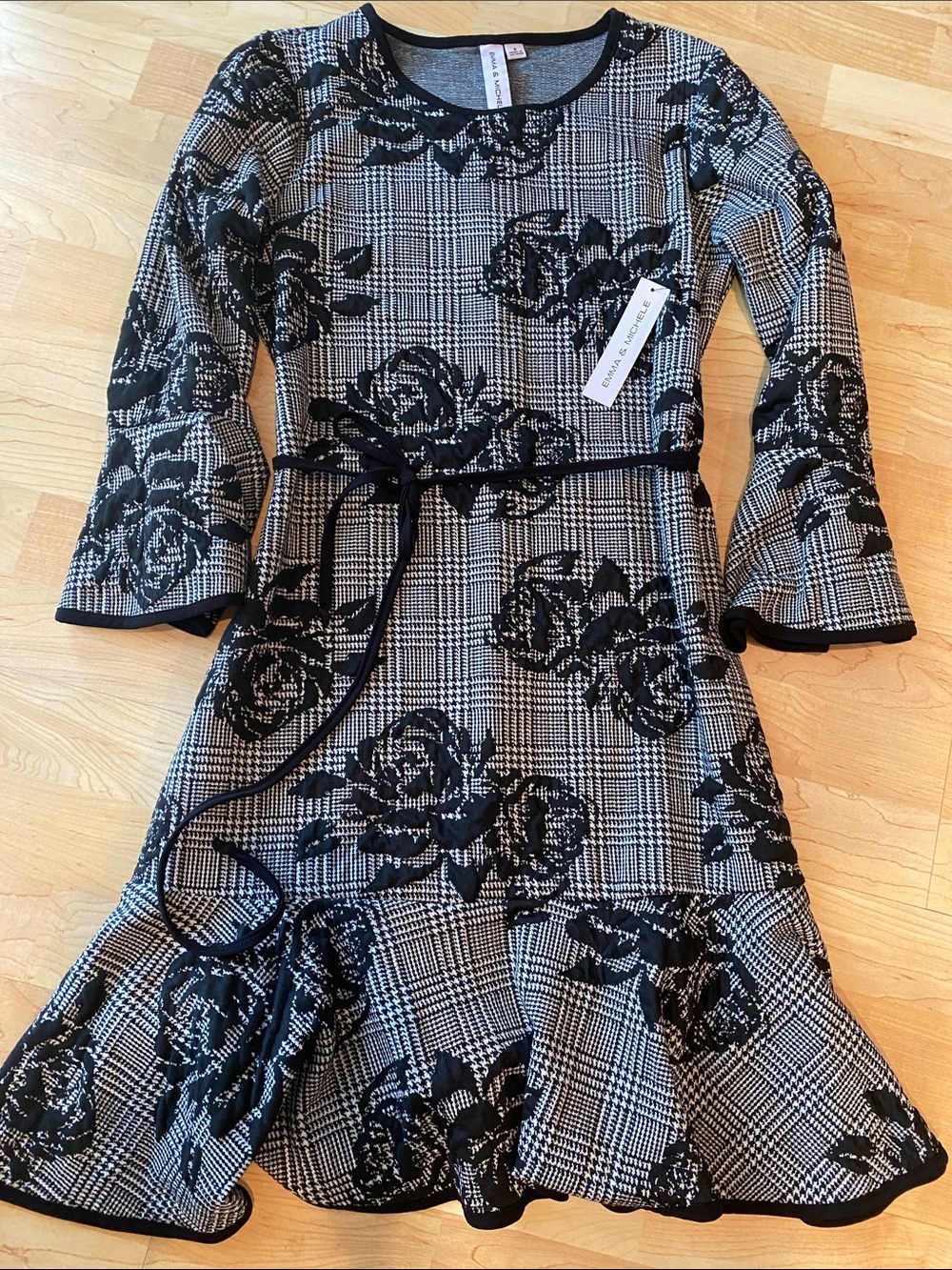 Emma & Michele Black and white Plaid Floral Midi Dress